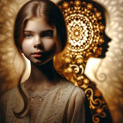 The primary subject of the image is a young woman with long hair, wearing a white dress. She is posing for a picture, and her face is turned to the side. The setting is a room with a patterned wall, which serves as the background. The visual style of the image is a combination of photo and digital art, creating a unique and artistic representation of the woman. The colors and mood of the image are predominantly white, giving it a clean and serene atmosphere.